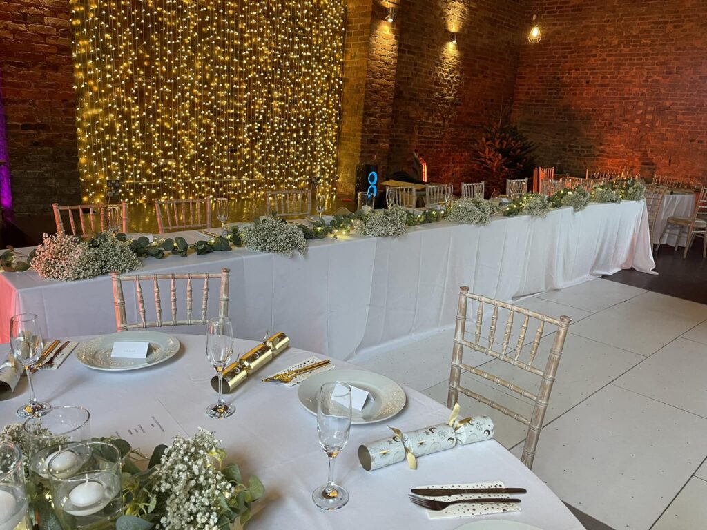 A reception setup at The Barn at Morleys Hall