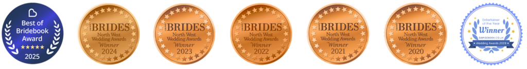 The Sing Along Waiters North West Brides Wedding Awards Winners 2019, 2020, 2021, 2022, 2023, 2024, 2025 - Bronze medallion with stars featuring prestigious regional wedding entertainment recognition. UK's leading surprise singing waiters achievement